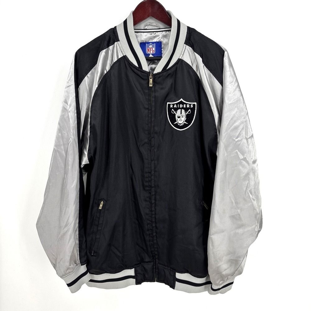 Vintage Reebok NFL Oakland Raiders Black & Silver Satin Jacket Size Large